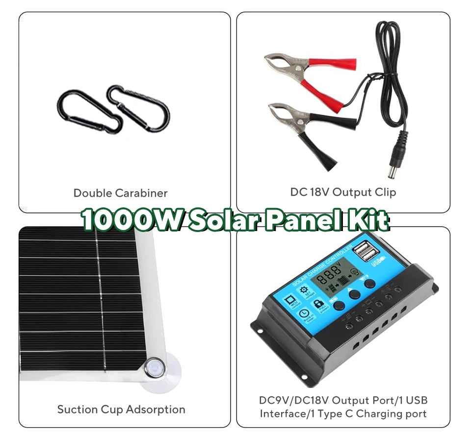 1000W Zonnepaneel 12V Zonnecel 10a-100a Controller Solar Plate Kit Voor Telefoon Rv Auto Caravan Home Camping Outdoor Batterij