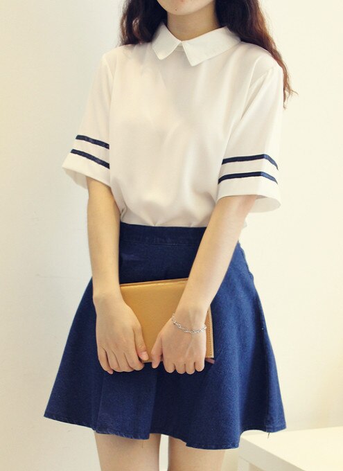 Mooie Meisje marine matrozenpakje schooluniform set Wit shirt + Denim Blauwe rok
