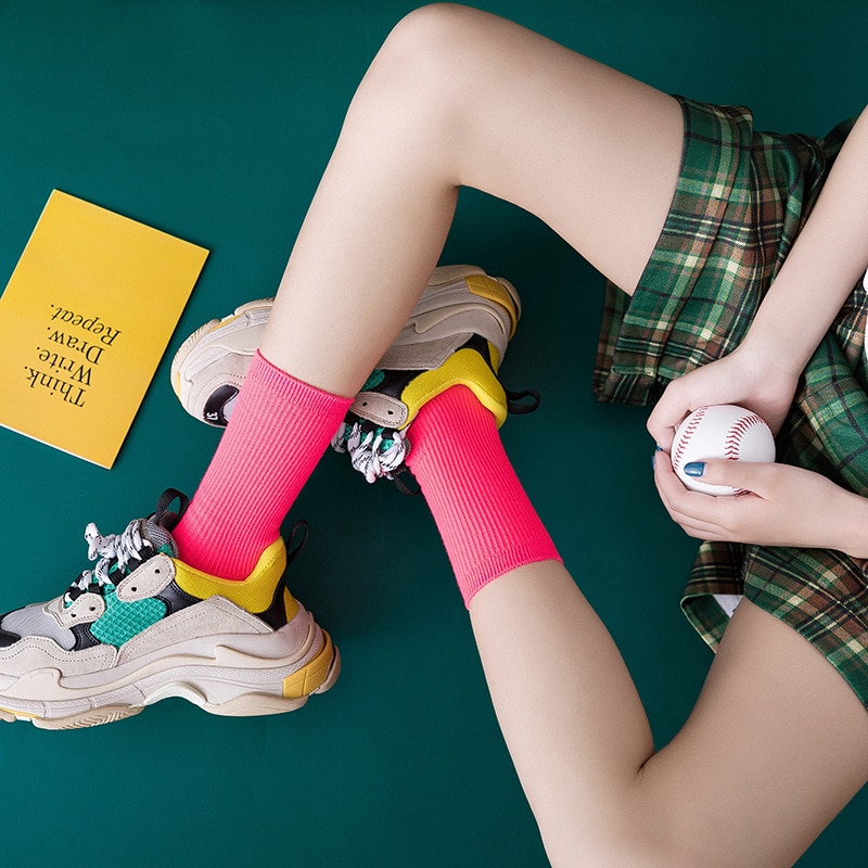 Chaussettes néon Harajuku pour femmes, Streetwear Hip-Hop, 17 couleurs fluorescentes, couleurs vives bonbons, sympas, pour adolescentes et filles, danse de rue