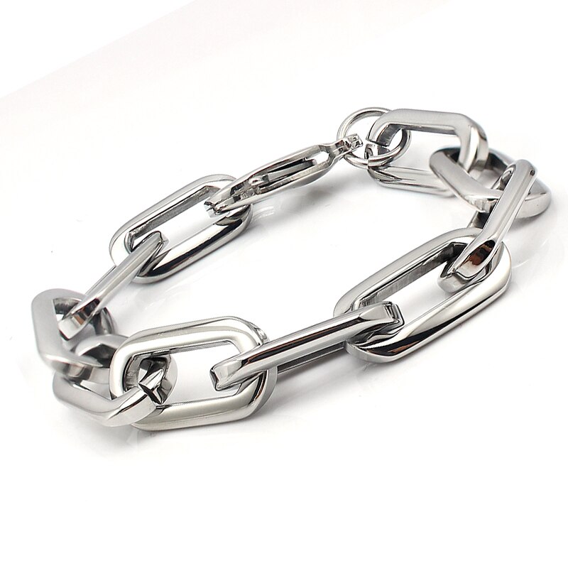 Pulsera de cadena de eslabones unisex, brazalete grueso de acero inoxidable redondeado, rectangular, color plateado, joyería de , cierre de langosta