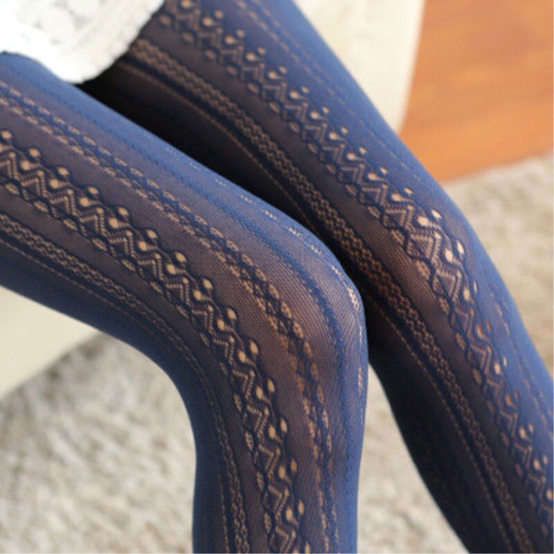 Women Ladies Warm Over The Knee High Cotton Knitted Stockings Floral Hollow Out Fall Autumn Wearing Tights Stocking Girls: Navy Blue