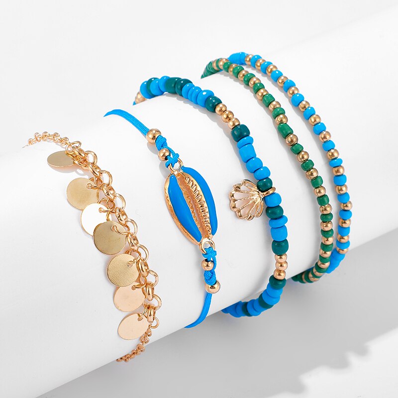 Docona 4Pcs Boho Shell Kralen Enkelbandje Set Voor Vrouwen Multilayer Verstelbare Sequin Hanger Voet Ketens Strand Sieraden Tobillera 8792
