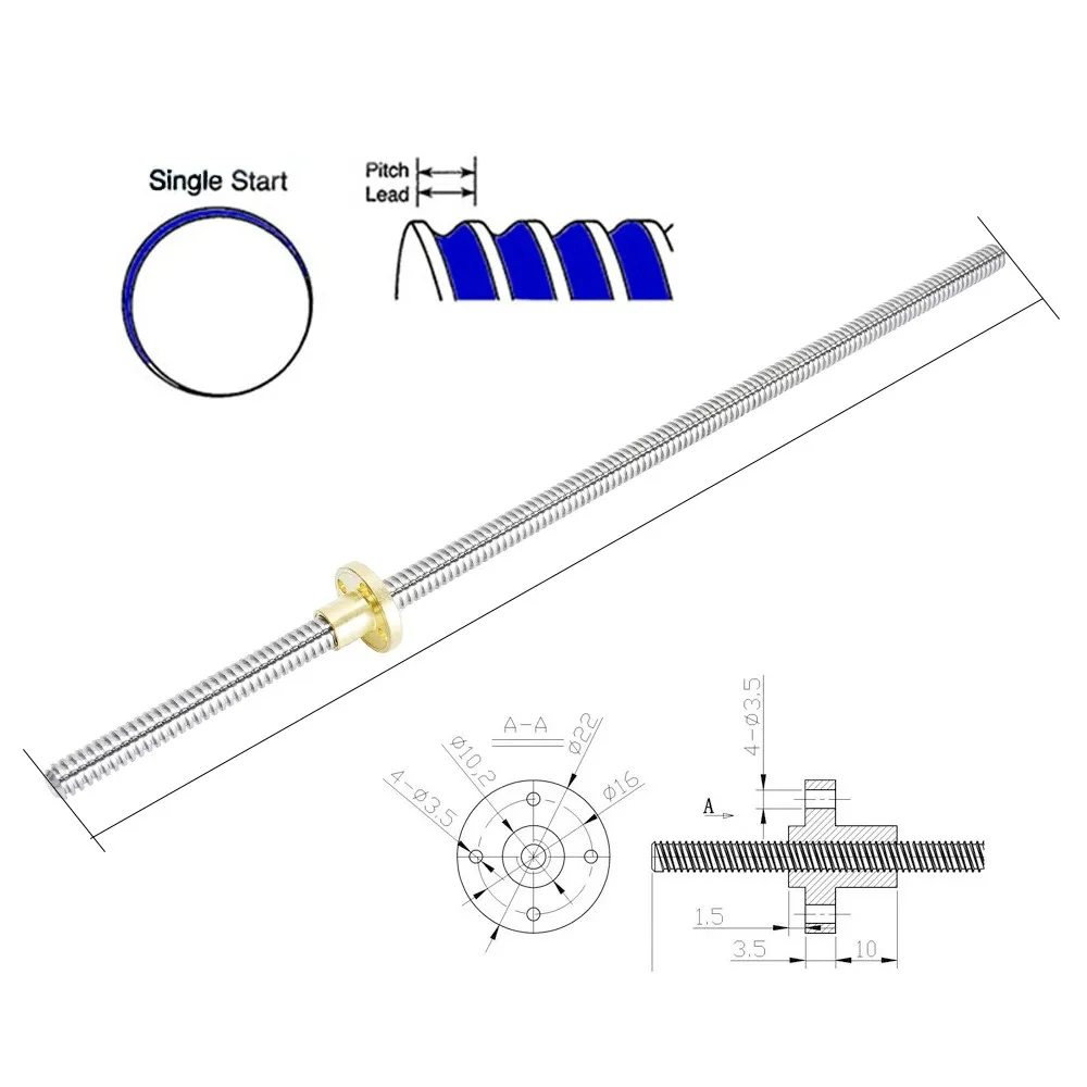 T8 Lead Screw With nut OD 8mm Lead 2mm Pitch 2mm 100mm 200mm 300mm 400mm 500mm Lead Screw With Brass Nut Reprap 3D Printer Parts