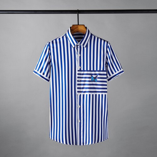 Minglu Tencel Männlichen Hemden Luxus Kurzarm Schmetterling Druck lässig Mens Kleid Hemden Sommer schlank passen Streifen Mann Hemden 4XL: Blau / XXL