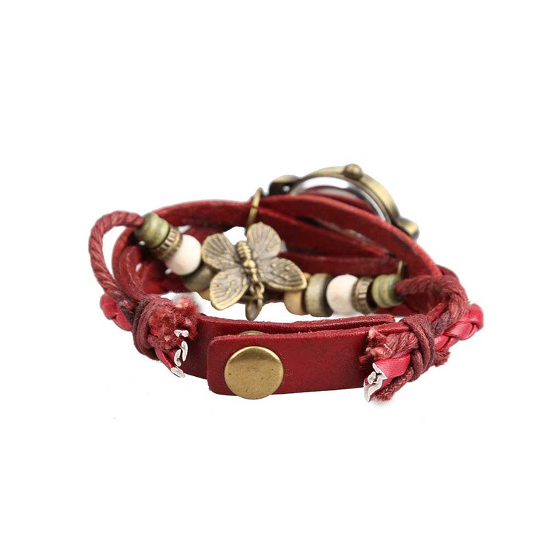 Vrouwen Retro Armband Polshorloge Weave Wrap Faux Lederen Vlinder Kralen Hanger Chain K2