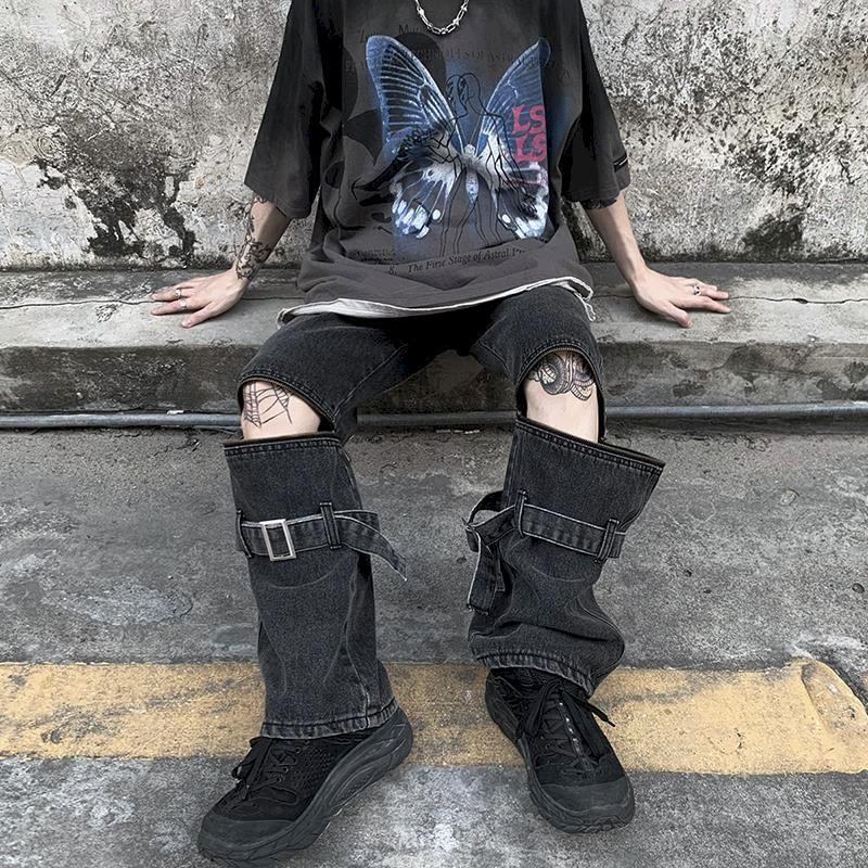 Style Detachable Zipper Ribbon Distressed Washed Wide-leg Jeans High Street Asian Style Hip Hop Trousers Loose Trend: S