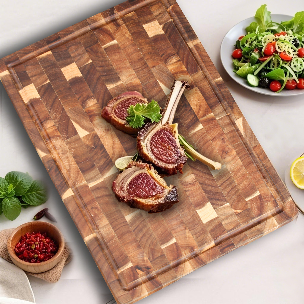 Tabla de cortar grande, uso de tabla de cortar de madera de Acacia Premium, drenaje de agua y herramientas de cocina a prueba de humedad, para carne, queso