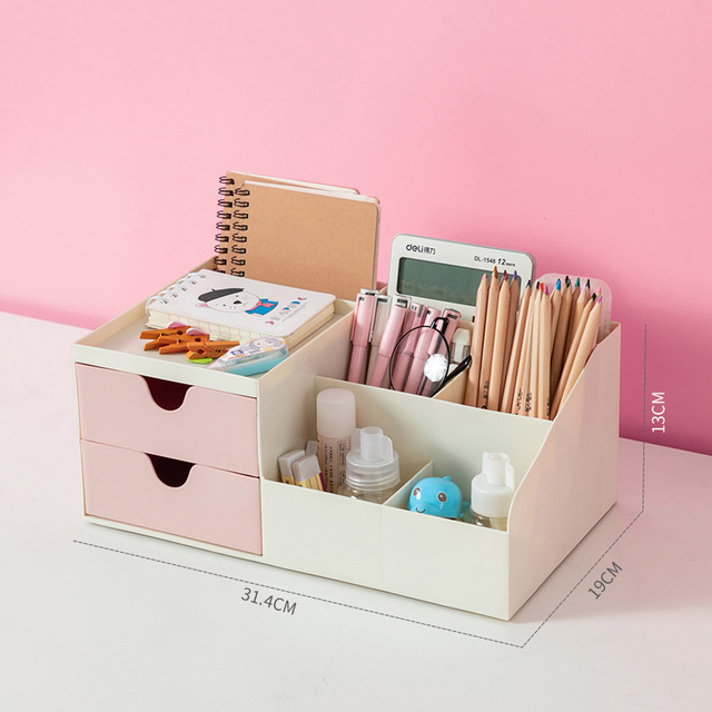 Cosmetic storage box cosmetic table storage box jewelry box plastic drawer dividing rubber band lipstick finishing rack: Double-Pink