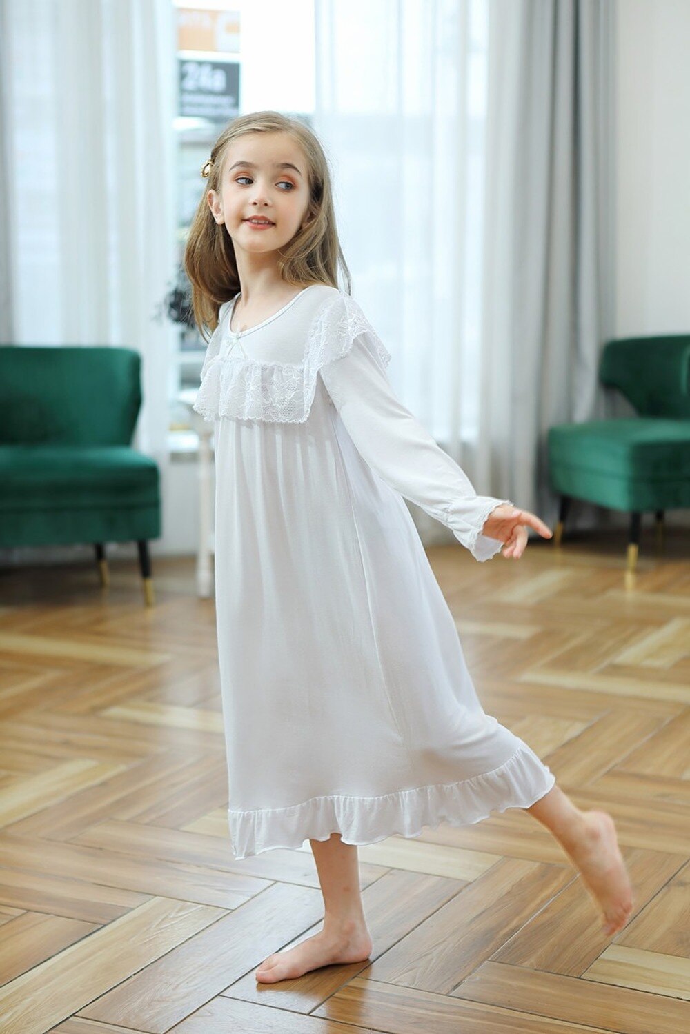 Kids Girls Night Dress Long-Sleeved Modal Long Princess Leisure Vestidos De Noche Sleepwear Night Gown Pajamas for Girls