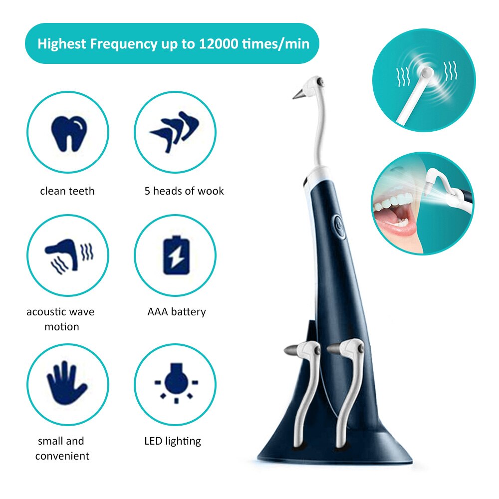 Elektrisk ultralyds akustisk tandbørste vibration tandrenser skalering tandregner fjerner tænder pletter tandsten værktøj: Mørkeblå 3 gear
