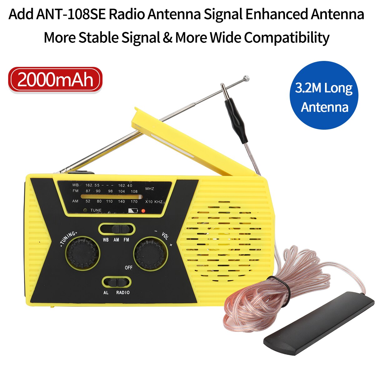 ABBREE Waterproof Multifunctional Radio Hand Crank Solar Crank Dynamo Powered AM/FM/WB Weather Radio with 2000 mAh Power Bank: yellow antenna