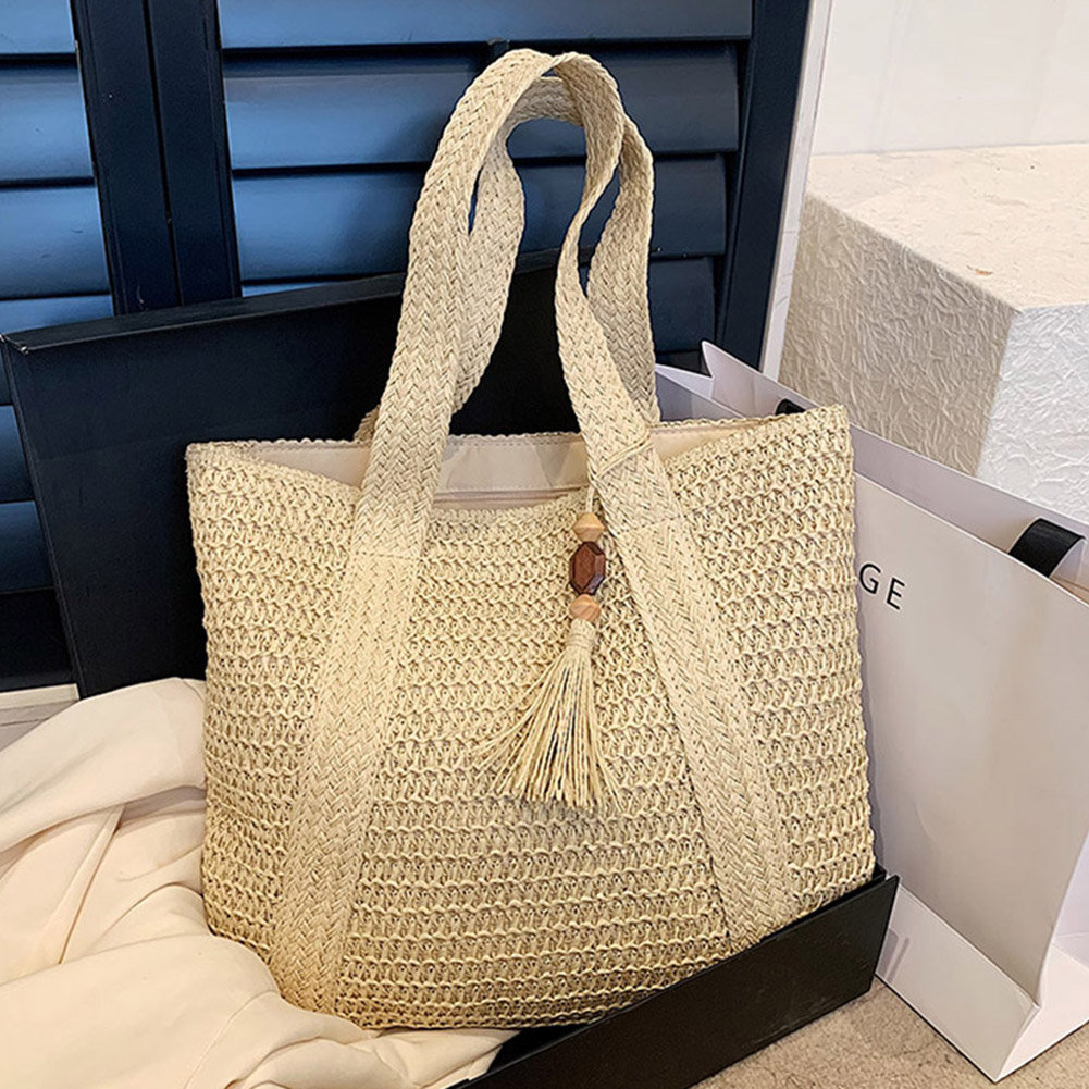 Modische handgewebte Handtaschen, Sommer-Taschen mit Griff oben, handgefertigt, einfach, große Kapazität mit Quasten-Anhänger, lässige Tragetaschen: Beige