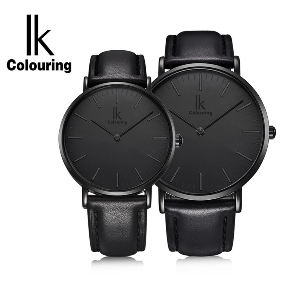 IK colouring Couple montre Simple boîtier Ultra mince japon mouvement à Quartz bracelet en cuir montre-bracelet des amoureux