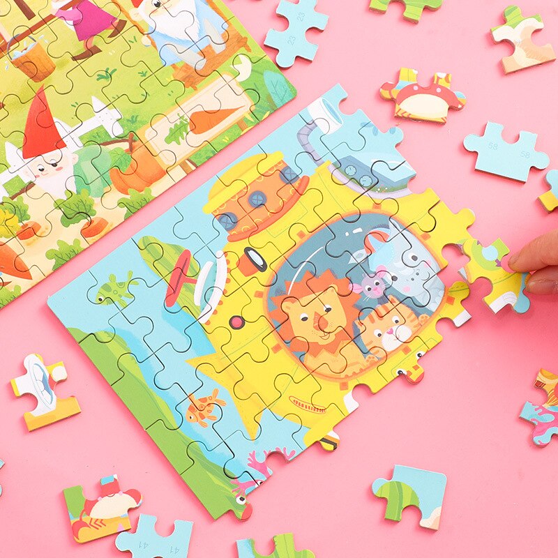 60 Pieces Wooden Puzzle Toys for Children Cartoon Animal Vehicle Wood Jigsaw Baby Montessori Educational Toy Kids Christmas