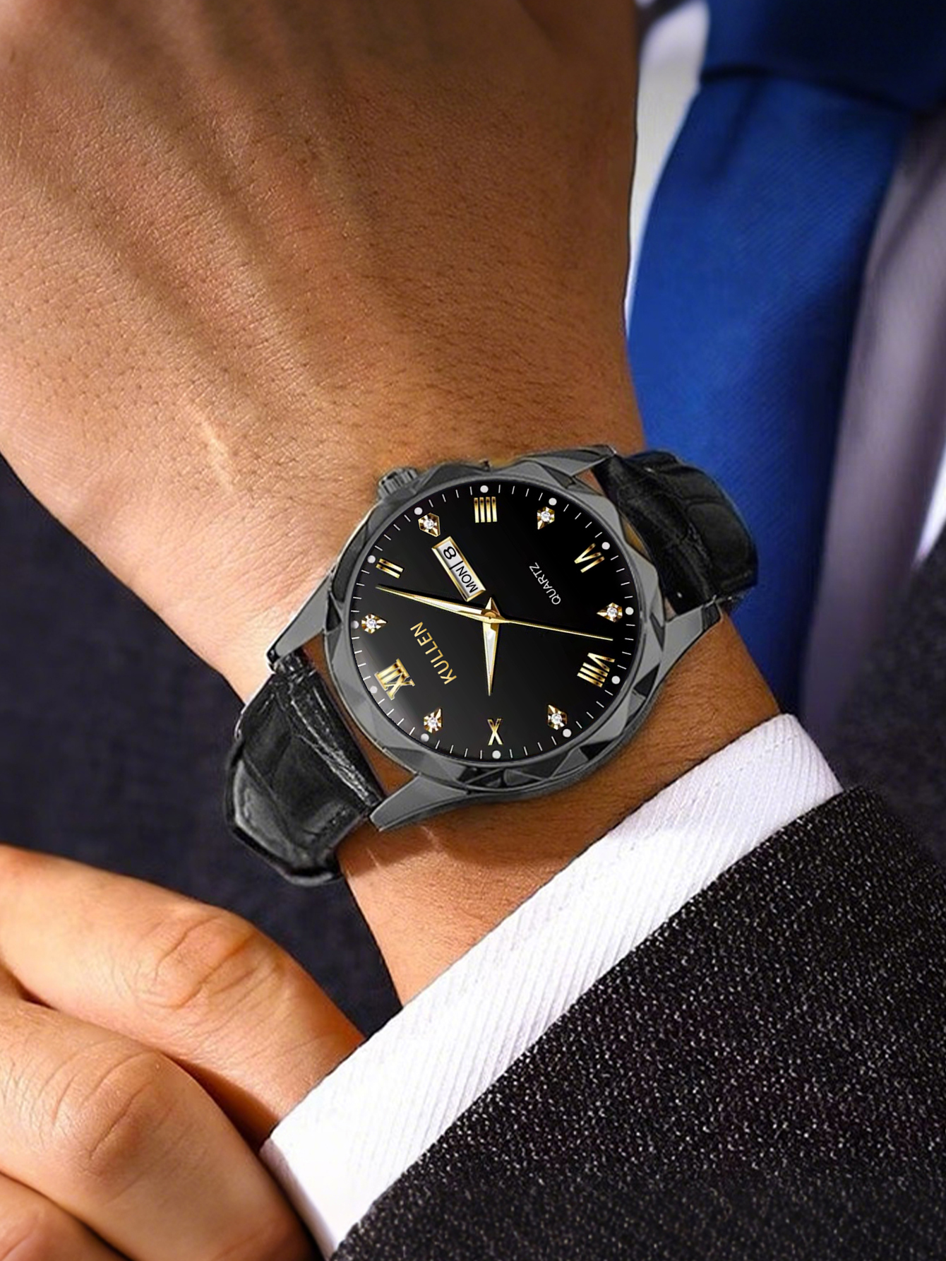 Men's Quartz Watch, Leather Strap, Round Metal Dial, Business Watch