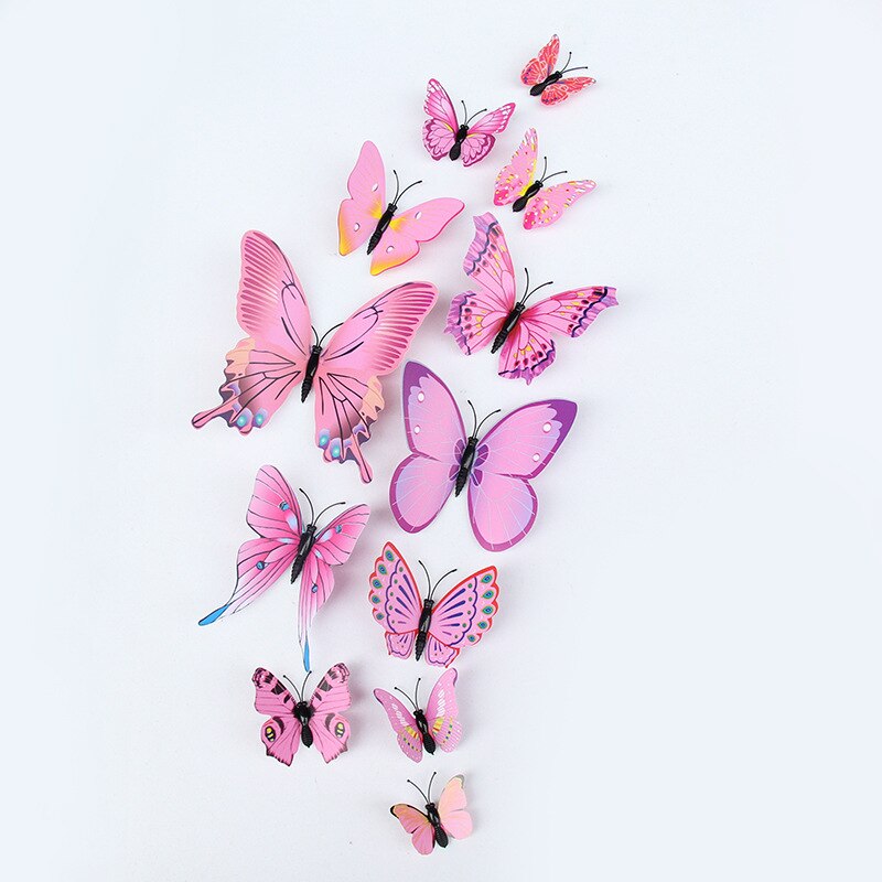 12Pcs 3D Double layer Butterfly Wall Stickers Butterfly Fridge sticker DIY Art Home Decoration Wall Stickers Wall Decals: pink