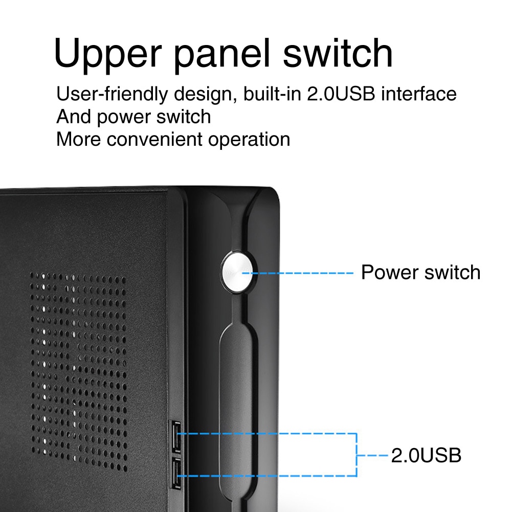 HTPC Home 2,0 USB Power Versorgung Computer Fall Metall Büro Host Praktische Desktop Mini ITX Horizontale Mit Kühler Loch Chassis