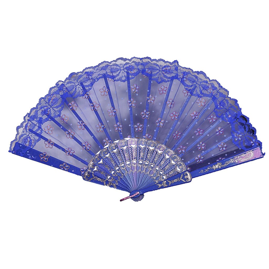 Flores de papel tipo ventilador, abanicos de seda de encaje plegables, estilo chino, para baile, boda, ,: Azul