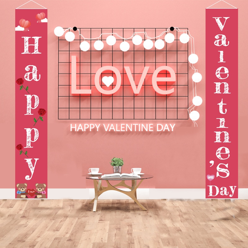 2PCS Door Porch Sign Valentines Day Decorations Pink Banners Hanging Love Heart Streamers Wall Decor Party Supply Valentines Day