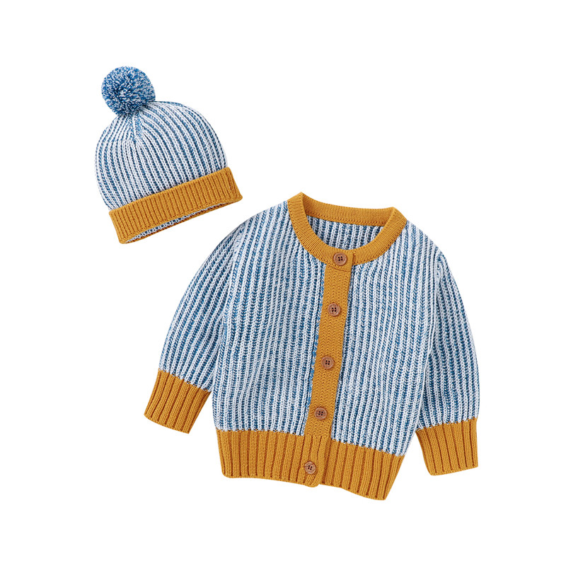 Baby Jongens Meisjes Gemengde Kleur Truien Casual Warme Herfst Winter Jas Lange Mouw Knoppen Gebreide Trui Top + Bal Caps pasgeboren Kids: Blauw / 6m