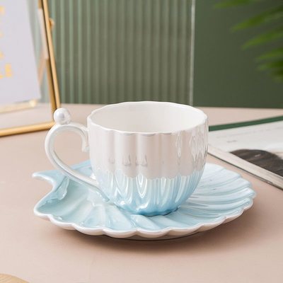 Luxury Pearl Shell Coffee Set Gradually Colour Ceramic 250ml Tea Set Cup and Saucer: blue
