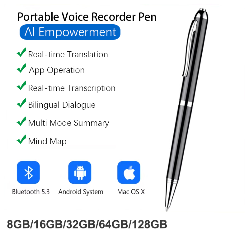 Gravador de voz ai, controle por aplicativo, tradução inteligente, caneta de gravação em tempo real, tradutor de 128gb, ditaphone de áudio