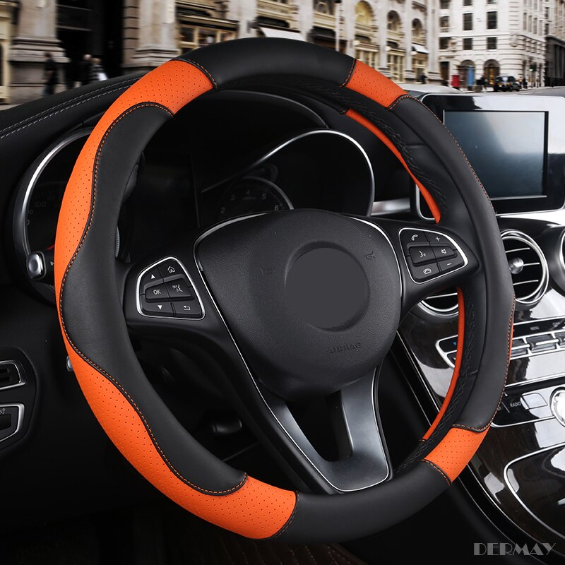 DERMAY Sport Style Contrast Color Non-slip Sweat Good Breathable PU Leatherette 15 Inch Car Steering Wheel Cover: Orange