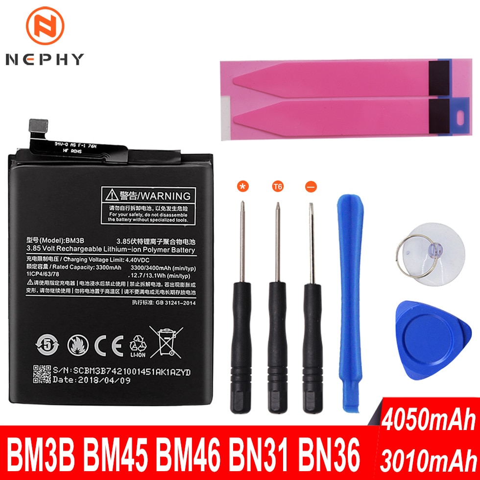 Nephy Telefoon Batterij BM3B BM45 BM46 BN31 BN36 Voor Xiao mi mi mi x 2 2 s A1 A2 5X 6X Rode mi S2 NOTE 2 3 5A PRO Vervanging Gratis Tools