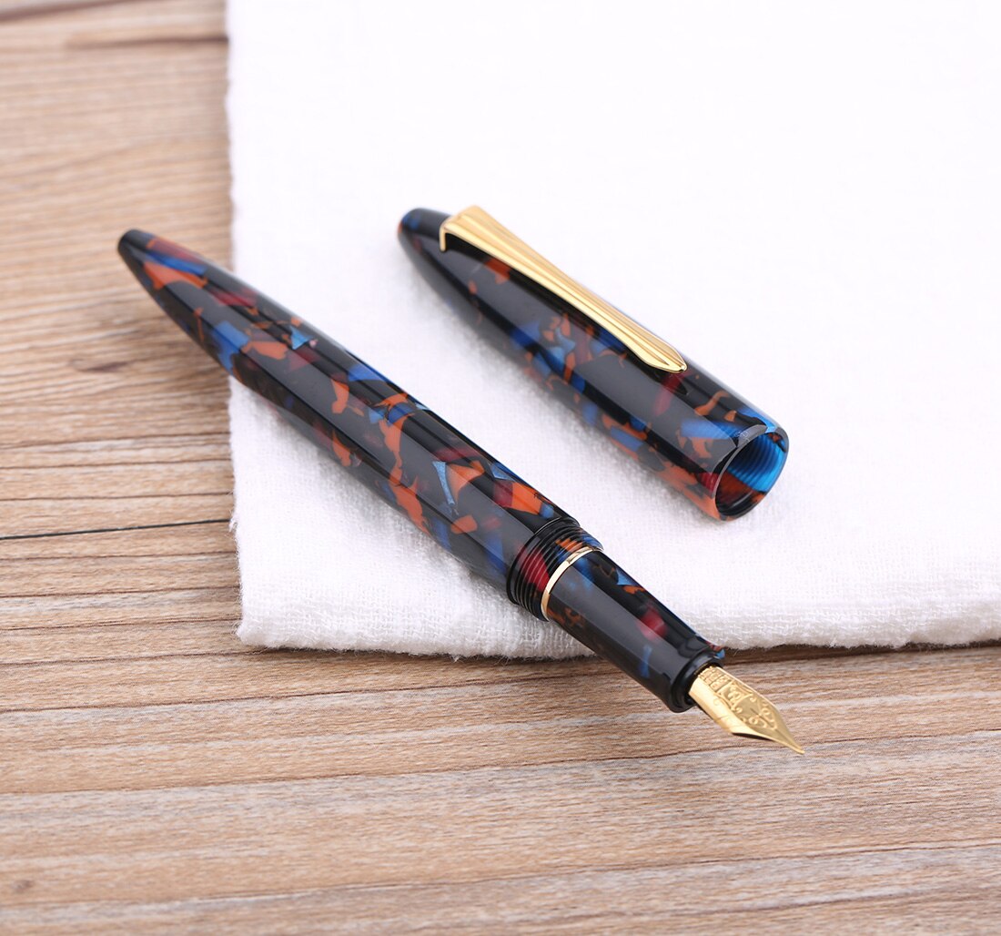 Moonman M100 Acrylic Resin Fountain Pen Schmidt Converter and Fine Nib 0.5mm Ink Pen Gold Trim Writing Pen: Art Red-Blue / Only One Pen