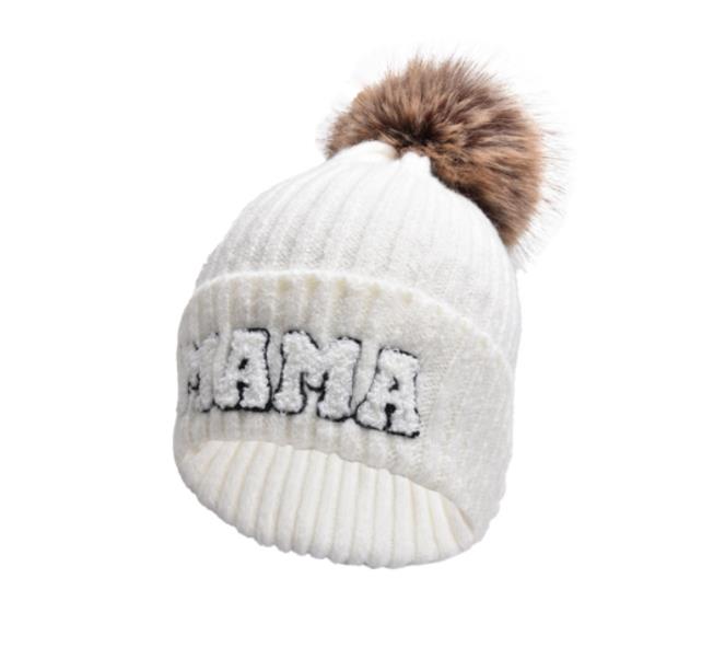 Alphabet Hat Parent Child Cap Hairball Wool Hat Outdoor Warm Knit Kid Baby Beanies Cute Daughter Mother Son Boy Girl: black