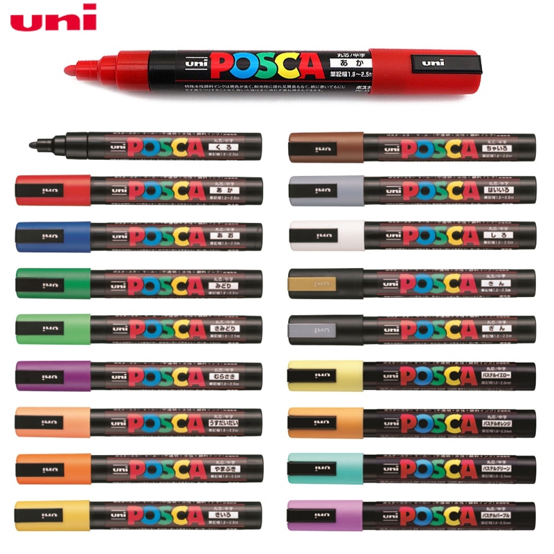 Uni Posca PC-5M Paint Marker Pens Medium Tip 1.8mm-2.5mm 17 Colors for School Office Art Marker Japanese Art Supplies 1Pcs
