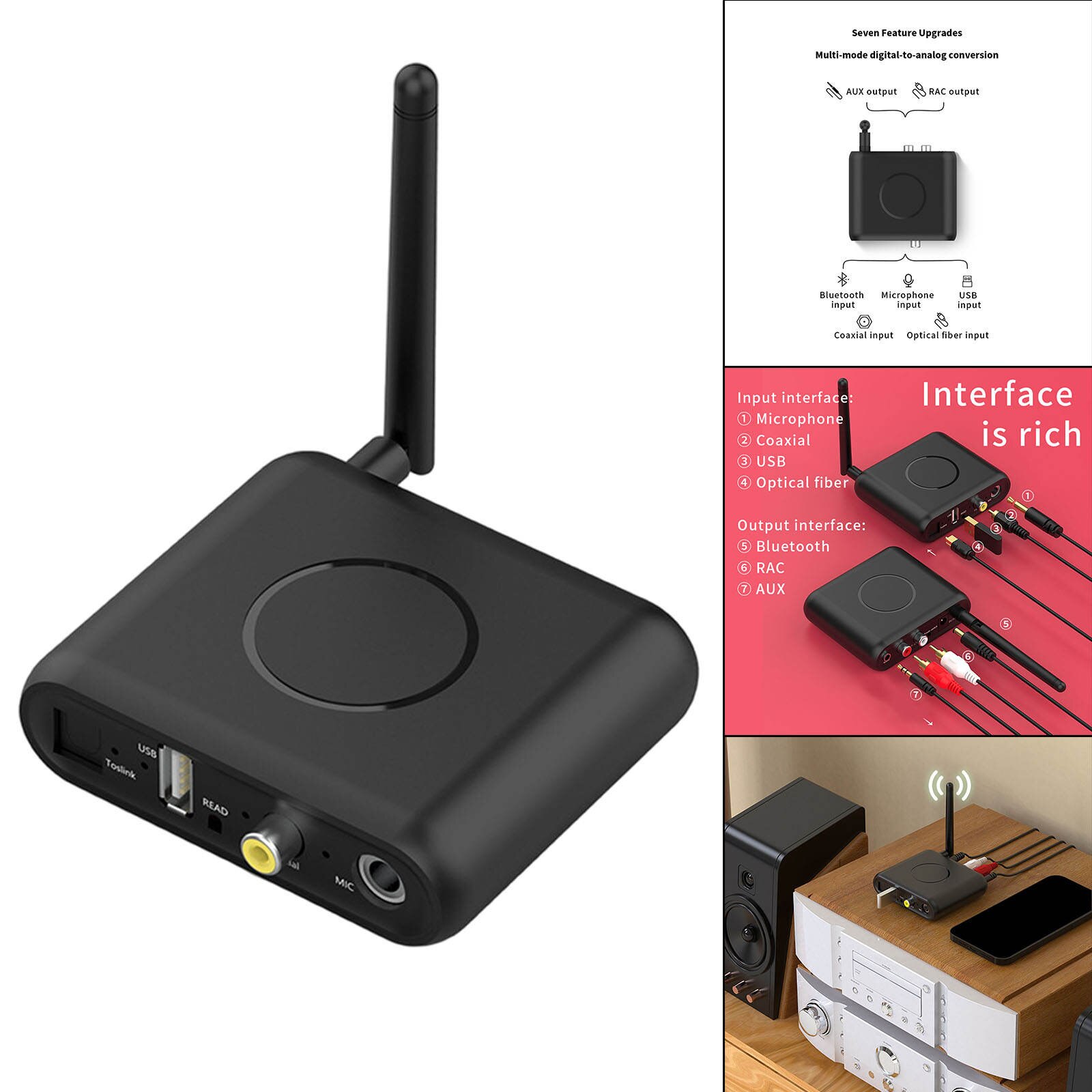 Wireless Bluetooth 5.0 Digital to Analog Audio Converter Remote Control Audio DAC Decoder Adapter RCA &amp; 3.5mm Black