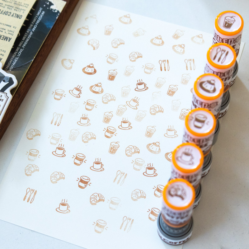 Sellos de goma de madera de café de dibujos animados, sello de goma pequeño y bonito para viajes, planificador de colección de recortes, sello decorativo, papelería coreana