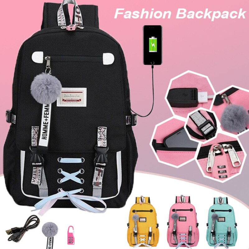 Nova moda grande sacos de escola para meninas adolescentes usb com bloqueio anti roubo mochila feminina saco de livro escola juventude lazer c