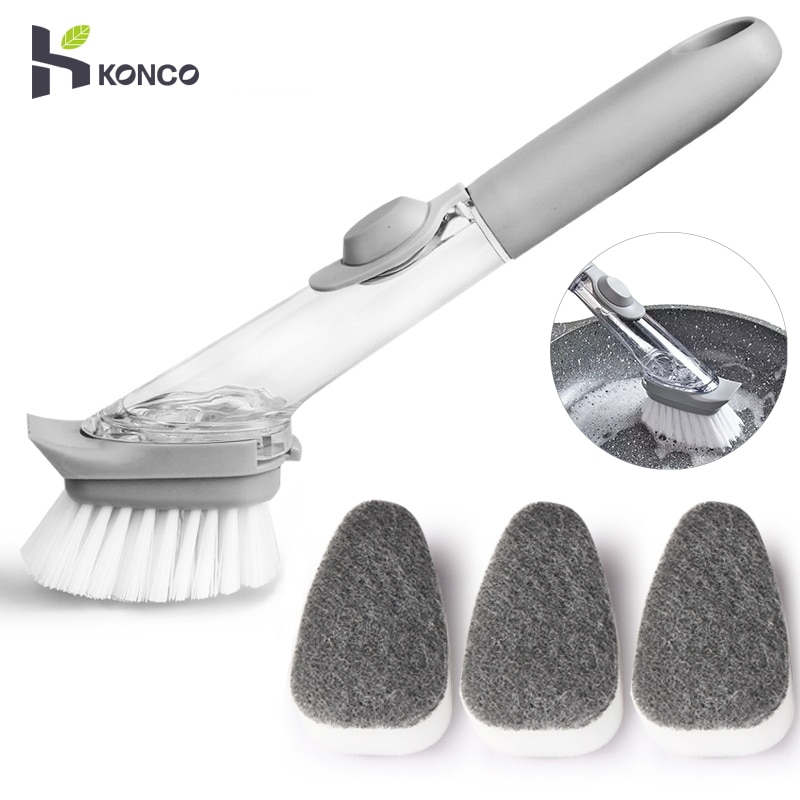 KONCO Handheld Keuken Borstel Set met Zeep Container Dispenser, 4 Vervangbare Zeep Doseren Gootsteen Borstel voor Pan, pot