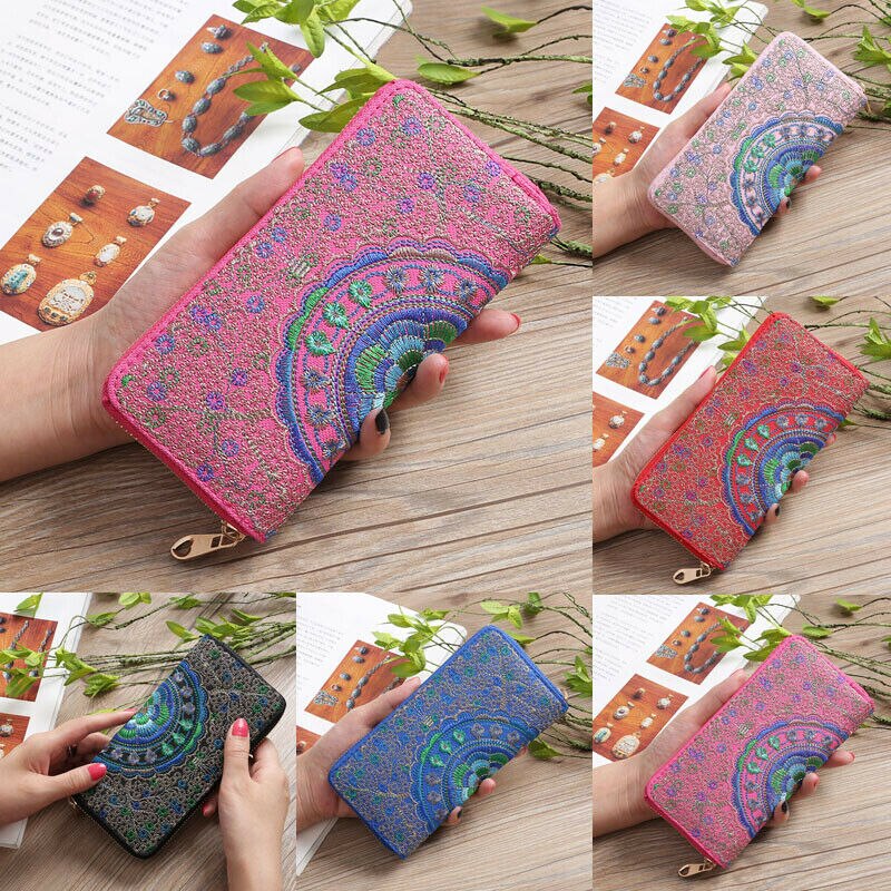 Celebrity style broderet blomsterpung lang pung til kvinder bærbar id kreditkortholder clutch