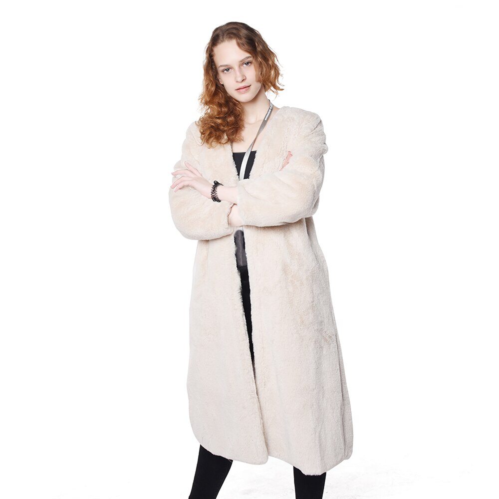 Women Faux Fur Coat With Long Sleeves And Pockets Artificial Ecru White Winter Coat: Beige / M