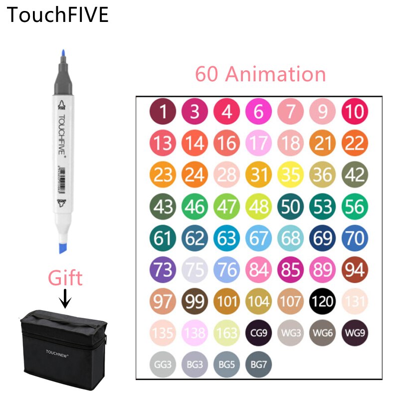 TOUCHFIVE 30/40/60/80/168 Color Markers Set Manga Drawing Markers Pen Alcohol Based Sketch Felt-Tip Twin Brush Pen Art Supplies: White 60 color Set