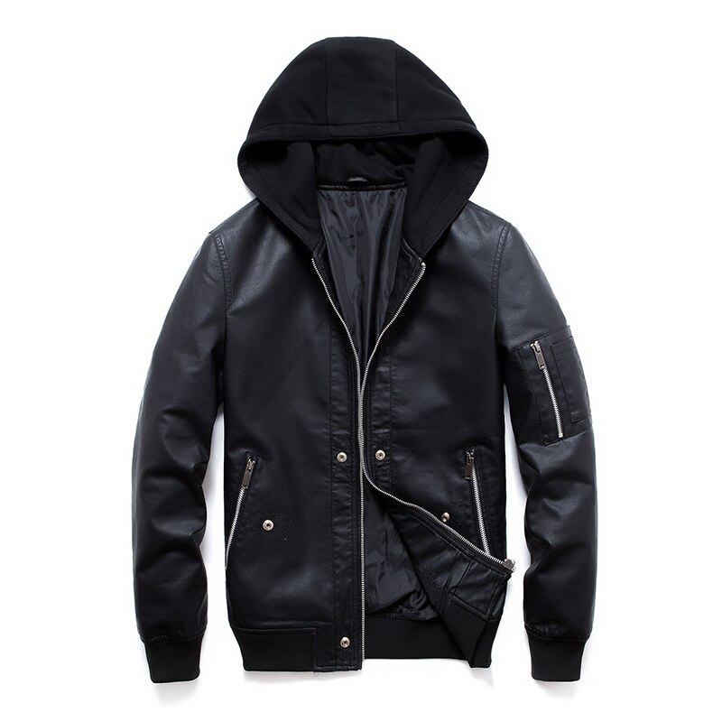 Leren jas heren gebreide pu-jassen met capuchon slim fit trend leren herenjas jaqueta de couro masculina: M