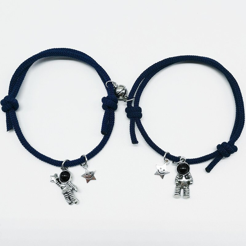 2Pcs/set Couple Bracelet Magnetic Attraction Bracelet Friendship Rope Bracelet Cute Star Astronaut Bracelet for Women: navy blue silver
