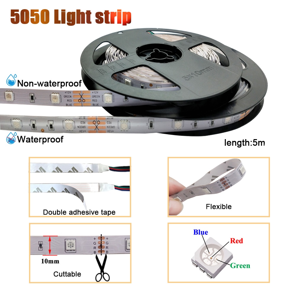 Music LED Strip Lights, Wireless LED Light Strips 10M SMD 5050 2835 Music Controller LED RGB Tape Lights no Waterproof