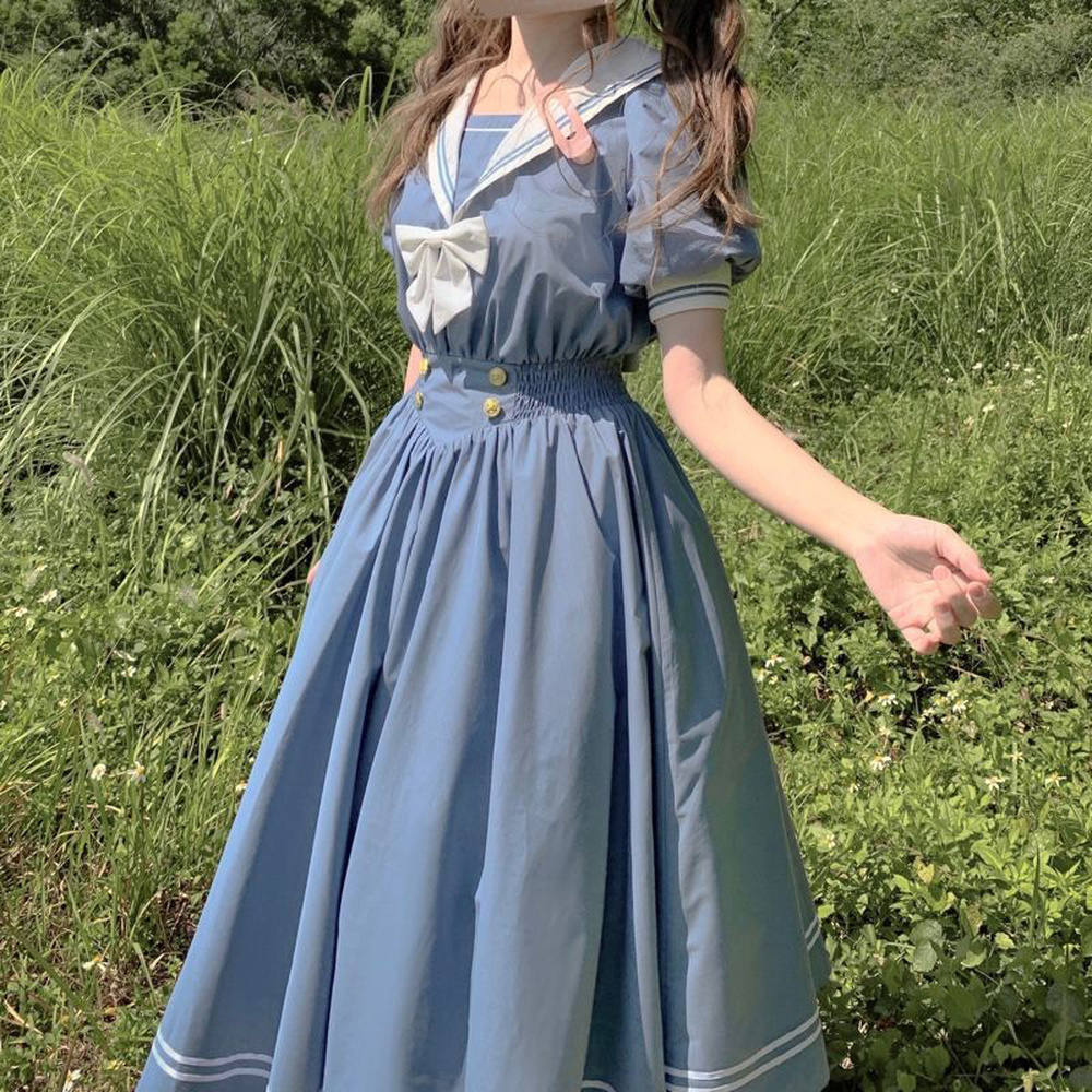 Vestido de Lolita de estilo Preppy para chicas, lazos japoneses, dulce, Harajuku, cuello de marinero, azul marino, lazo Vintage