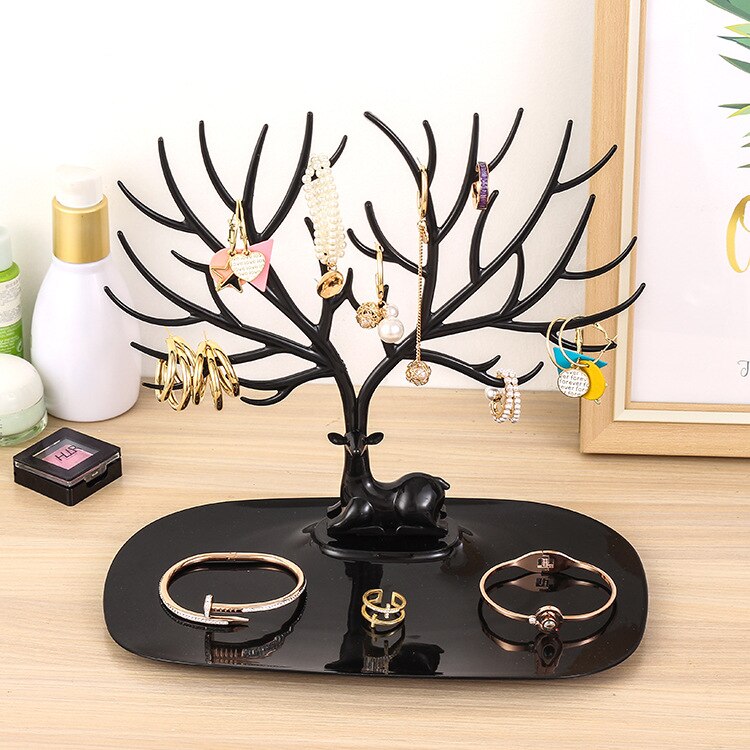 Présentoir de bijoux en forme de cerf, noir, blanc, Rose, rouge, pour boucles d'oreilles, colliers, bagues, pendentifs, bracelets, présentoirs, plateau, arbre: Black