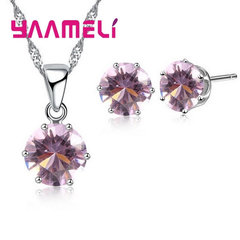 925 Sterling Zilveren Bruids Bruiloft Sieraden Sets Voor Vrouwen Engagement Crystal Hanger Ketting Oorbellen Set: pink
