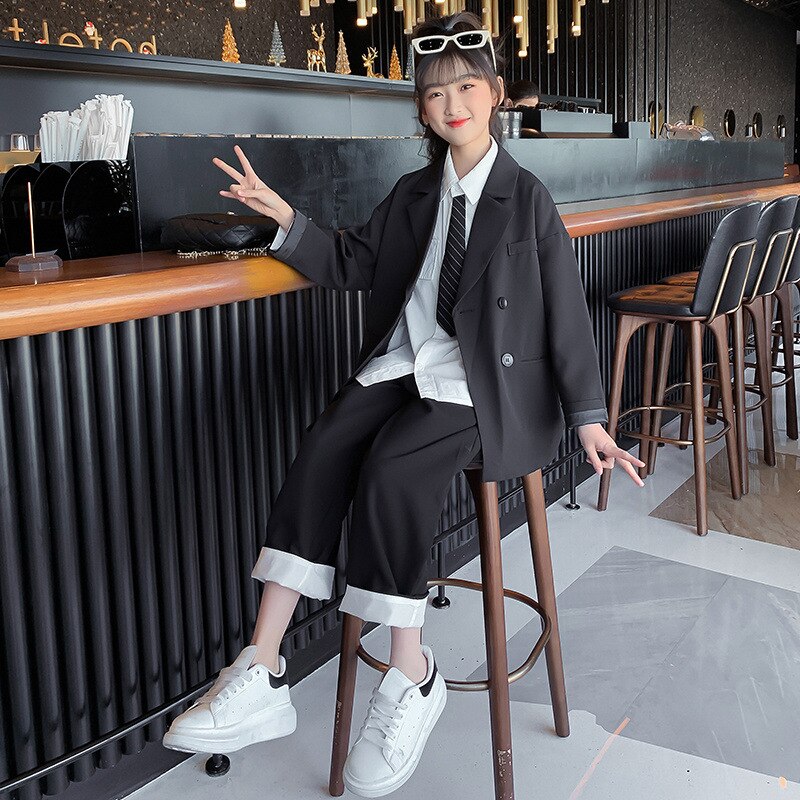 Traje para niña de primavera informal, Blazer de manga larga, camisa, pantalones, 3 piezas, trajes formales para niño, conjunto de chaqueta negra para niño de 10 a 13 años