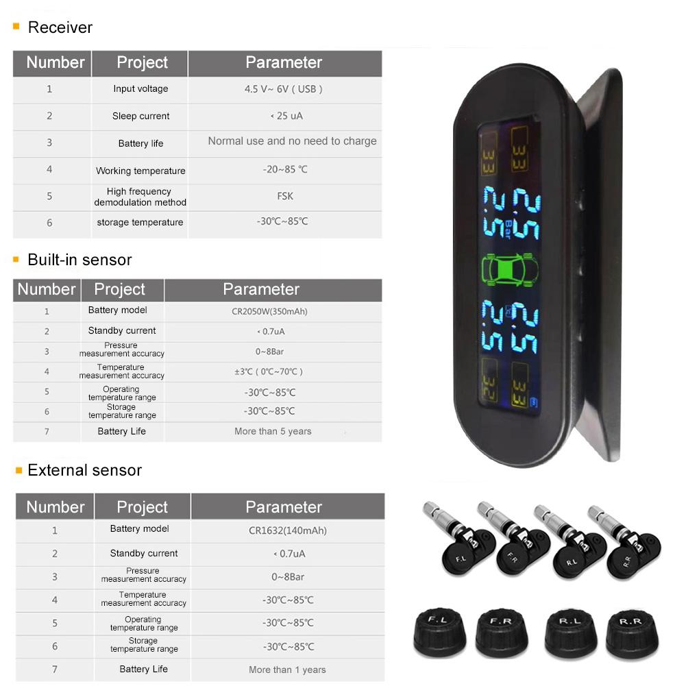TPMS Car Tire Pressure Monitoring System Solar Or USB Charging Real-time Display Tire Pressure Monitoring System Air Leak Alarm