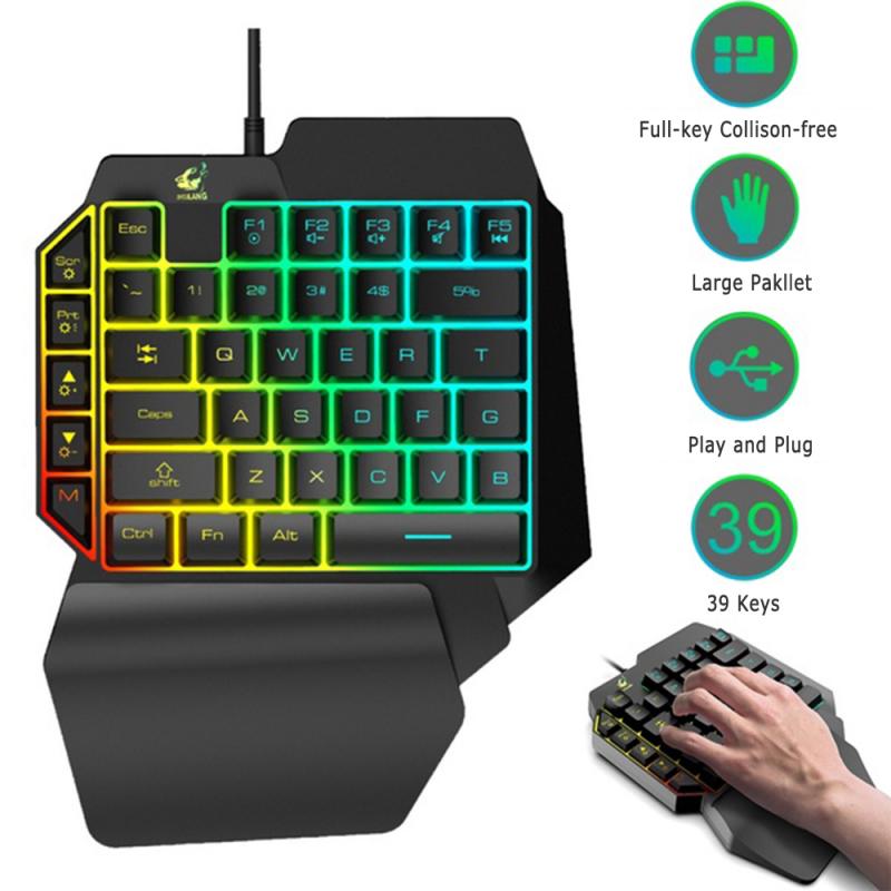 Mini One-Handed Gaming Keyboard Eight-color LED Backlight Modes Backlit USB Wired Game 39 Key Accessory ​For Laptop PC Gamer