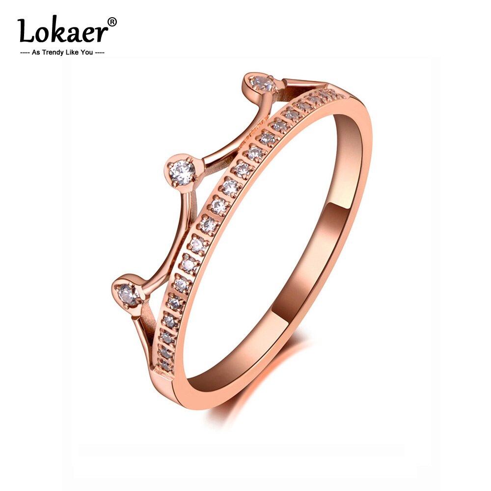 Lokaer Trendy Titanium Stainless Steel Rhinestone Crown Ring Jewelry Classic Rose Gold CZ Crystal Wedding Rings For Women R19137