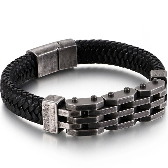 Vintage Handgemaakte Mannen Lederen Armband Voor Mannen Rvs Heren Armbanden Biker Sieraden Gratis Logo Naam Graveren Maken: Old Black