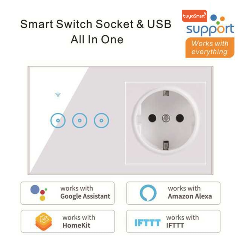 Tuya Multi-function Switch Socket Integrated Remote Control WiFi Smart Switch Socket EU1 2 3 Gang Support Alexa Google